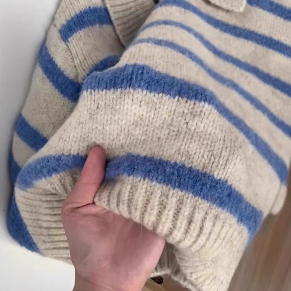 Women's Striped Sweater – Polo Collar Regular Fit Pullover Knit