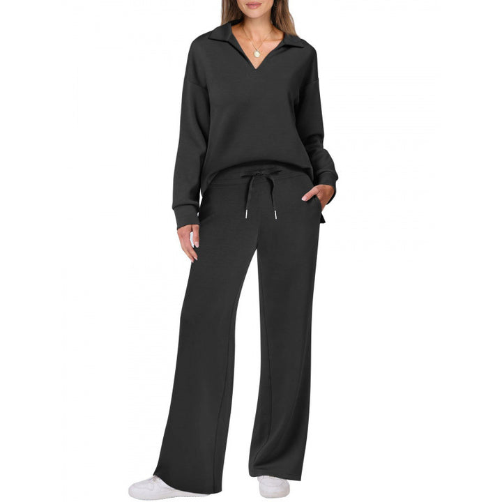 Women's Two Piece Lounge Set – Knit V-Neck Pullover & Straight-Leg Trousers