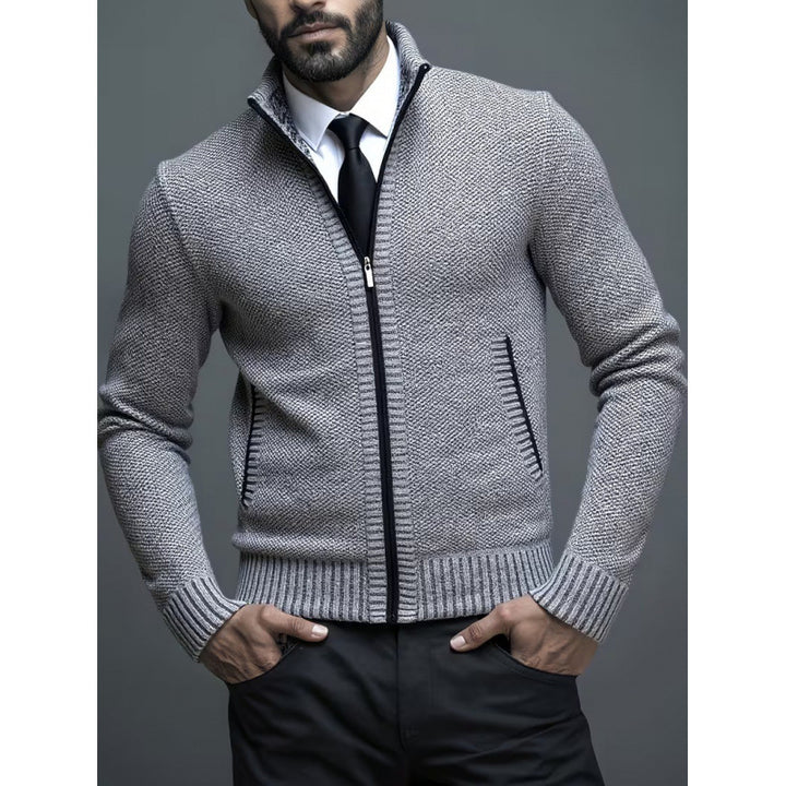 Men's Knitted Cardigan – Stand Collar & Zip-Front Design