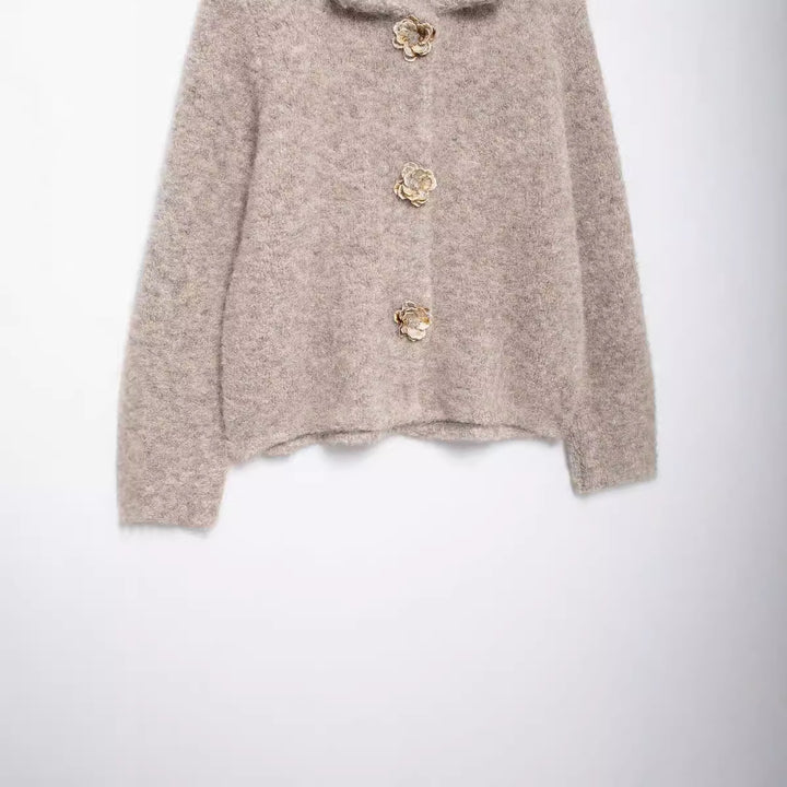 Knitted Coat for Women – Flower Row Buttons & Textured Knit