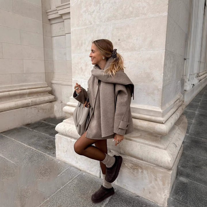 Women's Short Coat in Distressed Cotton with Detachable Scarf Collar
