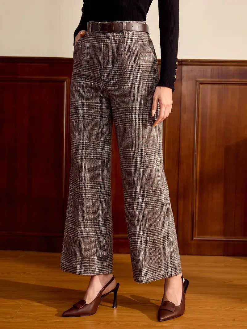 Petite Plaid Wide Leg Trousers – Relaxed Elegant Fit for Women