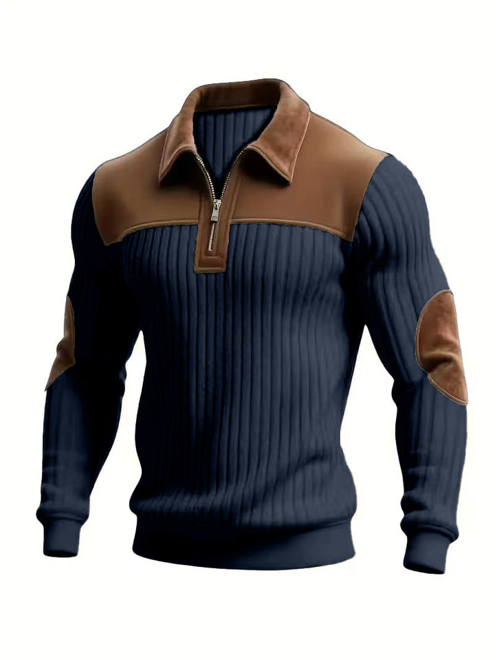Men's Knit Pullover Sweater – Notched Collar Patchwork, Embroidered Zip