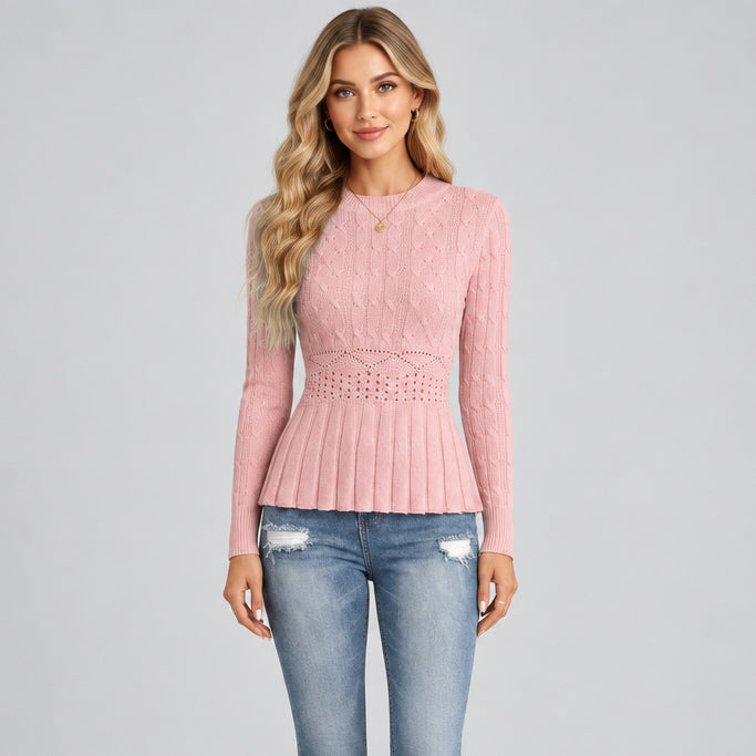 Women's Slim Fit Pleated Sweater Top – Crocheted Flower Detail