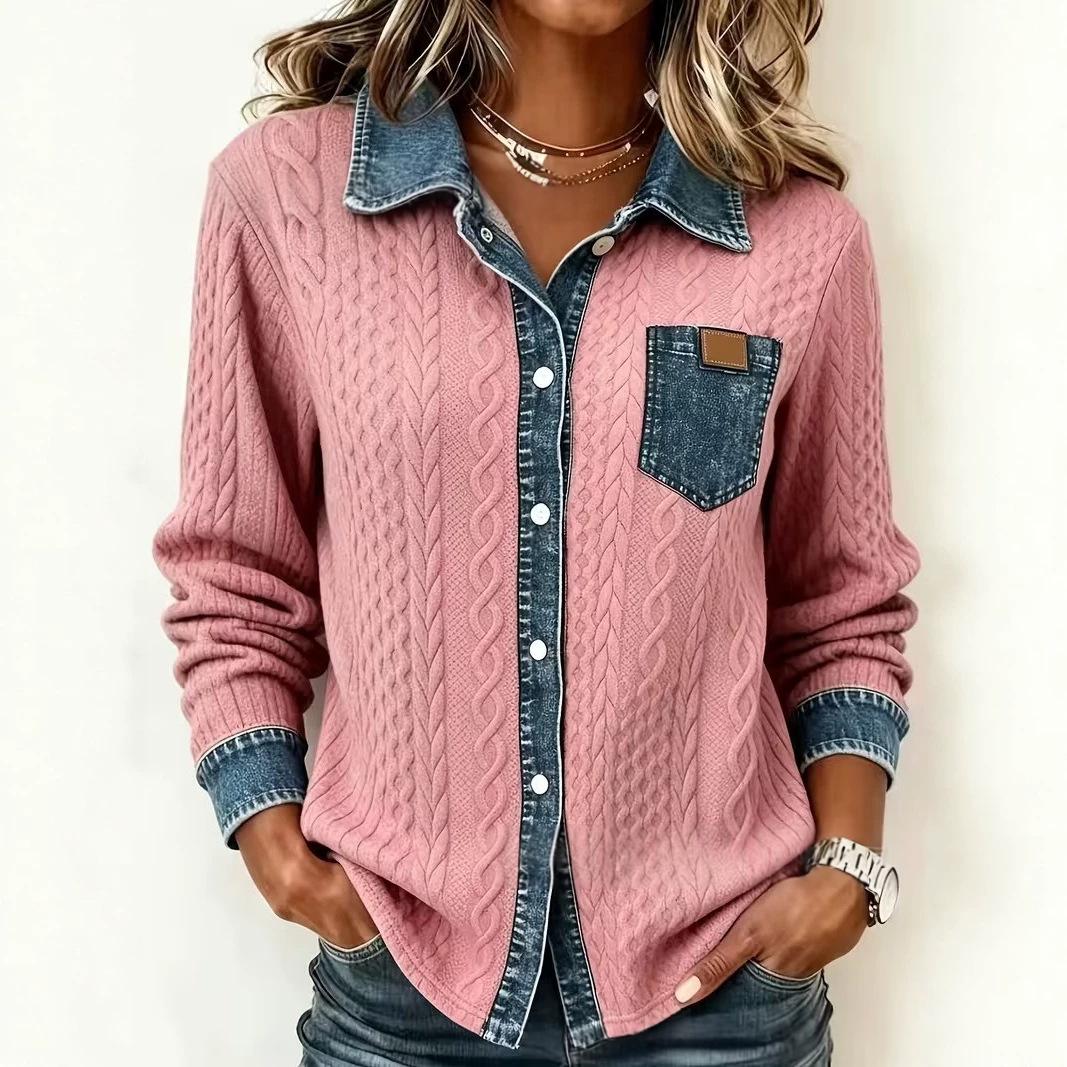 Women's Cable-Knit Plaid Shirt – Textured Long Sleeve Classic Style
