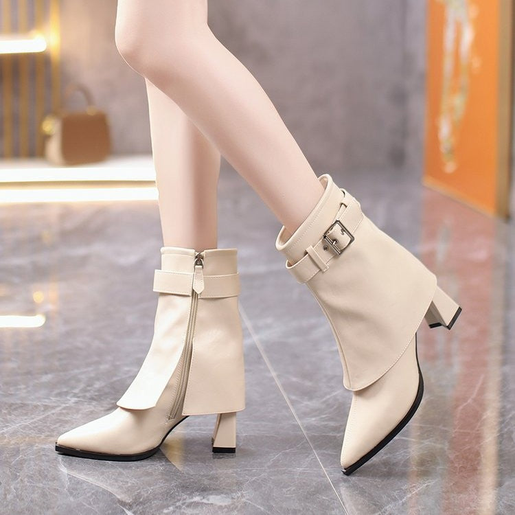 Women's Chunky Heel Mid-Calf Boot – Vegan Leather Pointed Toe Boot
