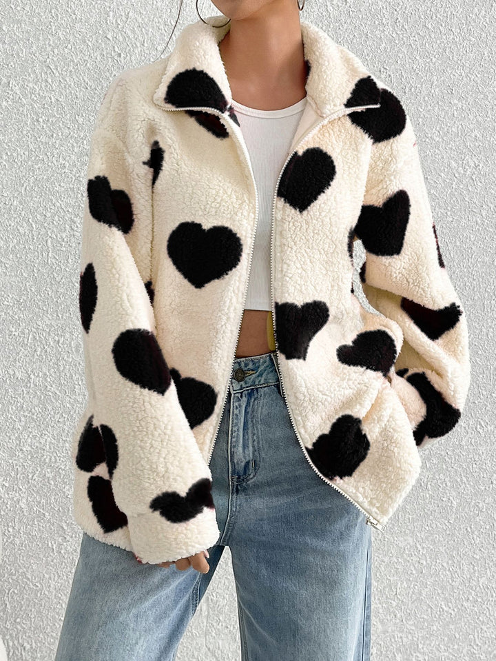 Plush Heart Print Women's Coat – Soft High-Pile Relaxed Fit Outerwear
