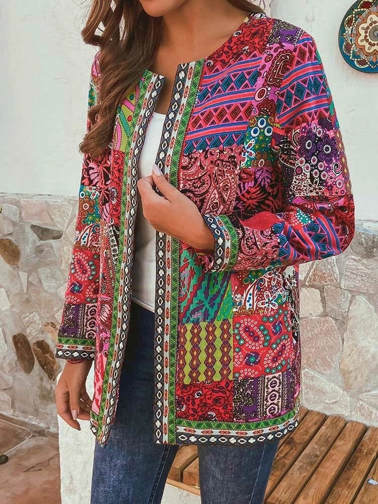 Women's Printed Cotton Coat – Relaxed Long Sleeve Ethnic Style
