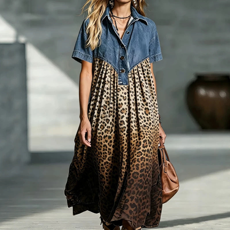 Leopard Patchwork Midi Dress – Women's A-Line Button-Front Cotton