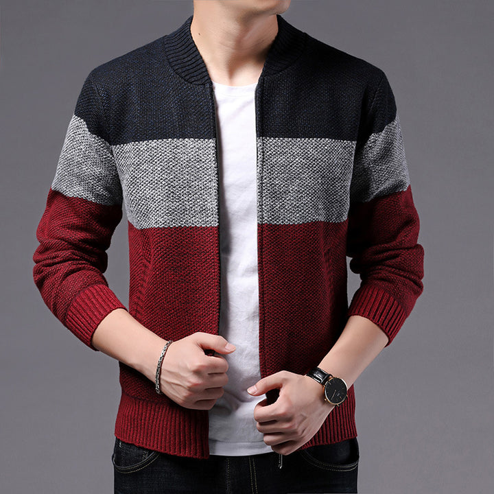 Men's Knitted Sweater – Thick Stripe Pattern, Warm Winter Layer