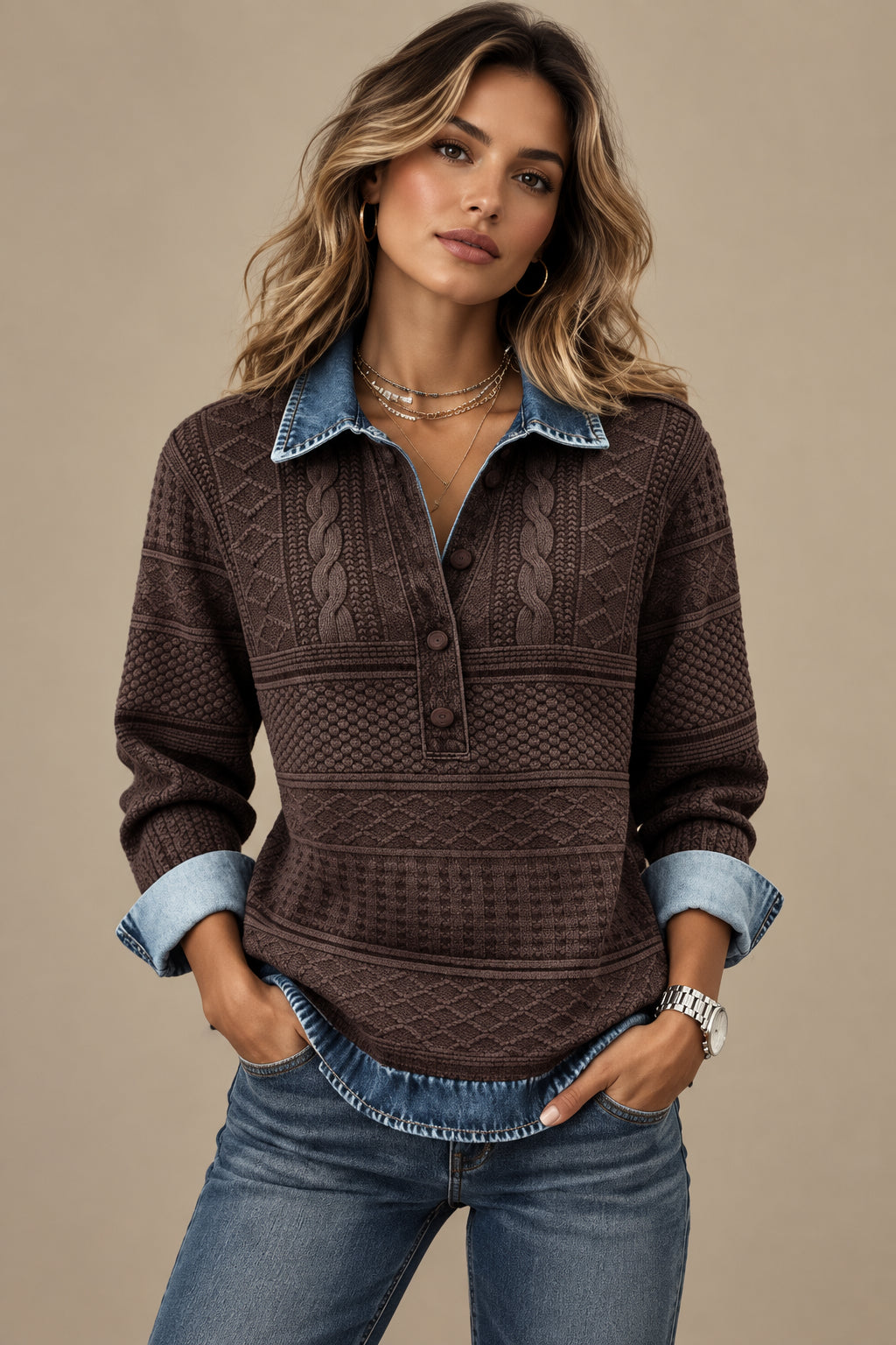 Women's 3D Effect Textured Knit Stand Collar Long Sleeve Top Pullover