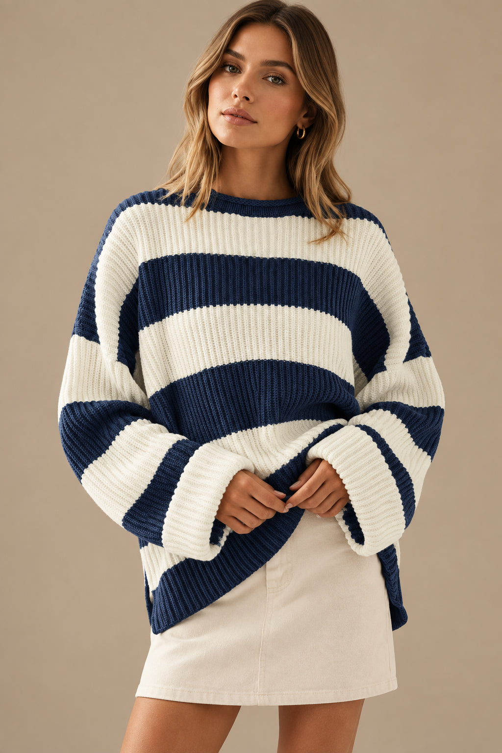 Women's Striped Knit Sweater – Soft Batwing Sleeve Pullover