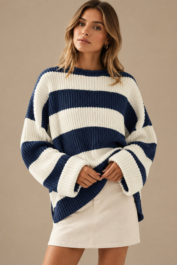 Women's Striped Knit Sweater – Soft Batwing Sleeve Pullover