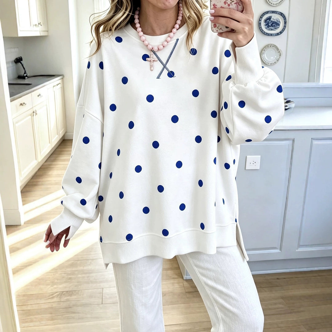 Women's Polka Dot Pullover Sweatshirt – Relaxed Fit, Ribbon Tie Detail