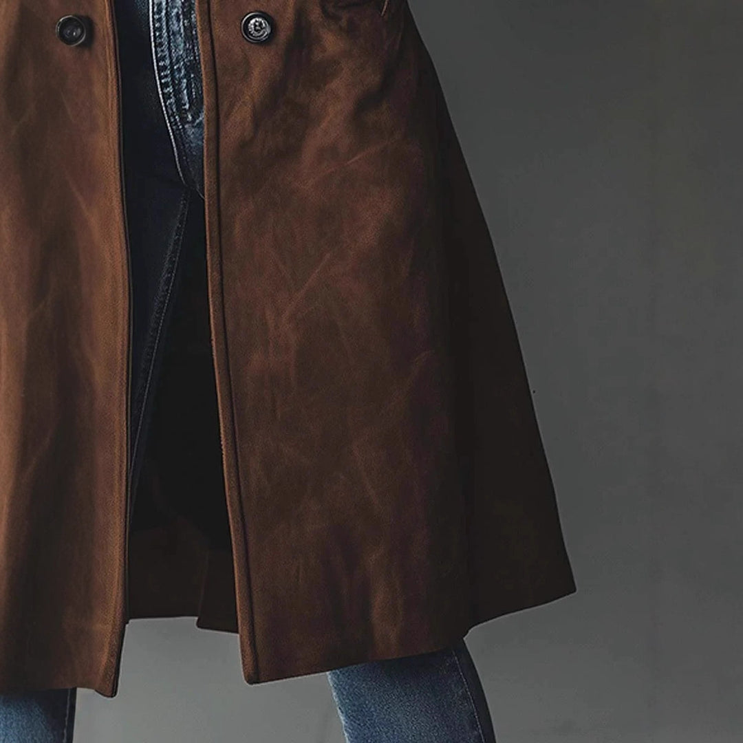 Women's Long Trench Coat – Soft Brushed Cotton, Tailored with Pockets