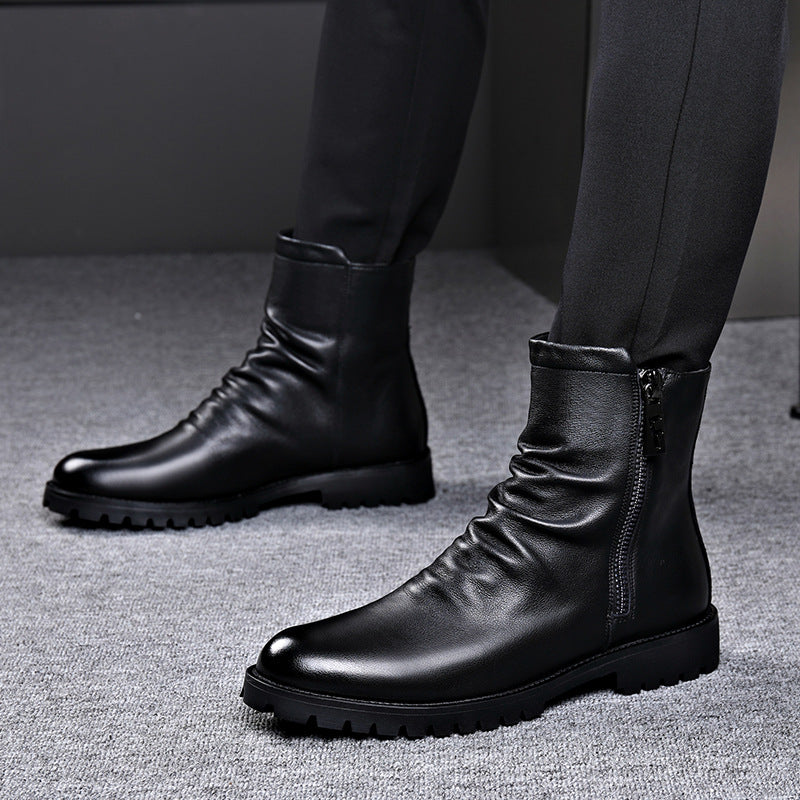 Men's Leather Boot – Low Heel Zipper High-Top Style