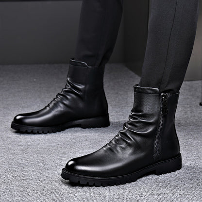 Men's Leather Boot – Low Heel Zipper High-Top Style