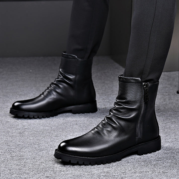 Men's Leather Boot – Low Heel Zipper High-Top Style