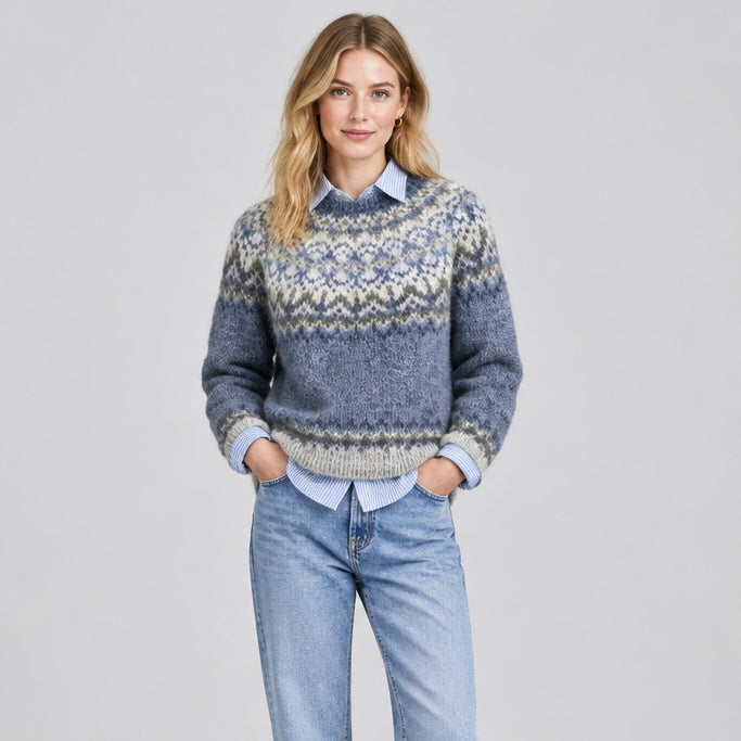 Jacquard Sweater for Women – Relaxed Geometric Pattern Crew Neck
