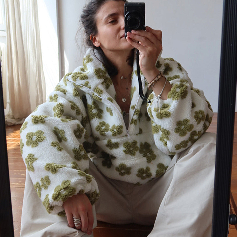 Women's Fleece Hoodie – Thick Floral Loose Fit with Pockets