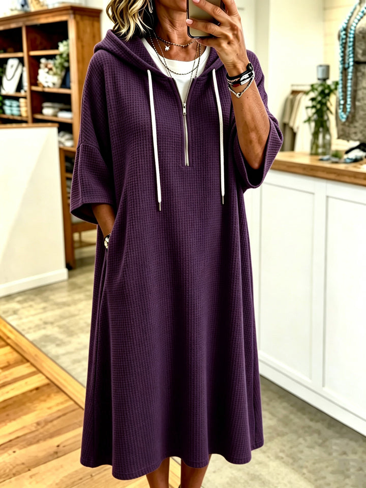 Women's Cotton Maxi Hooded Dress – Three-Quarter Sleeve, Relaxed Fit |