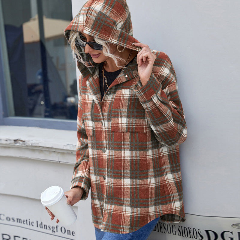 Plaid Hooded Jacket for Women – Lightweight Relaxed Fit Layer