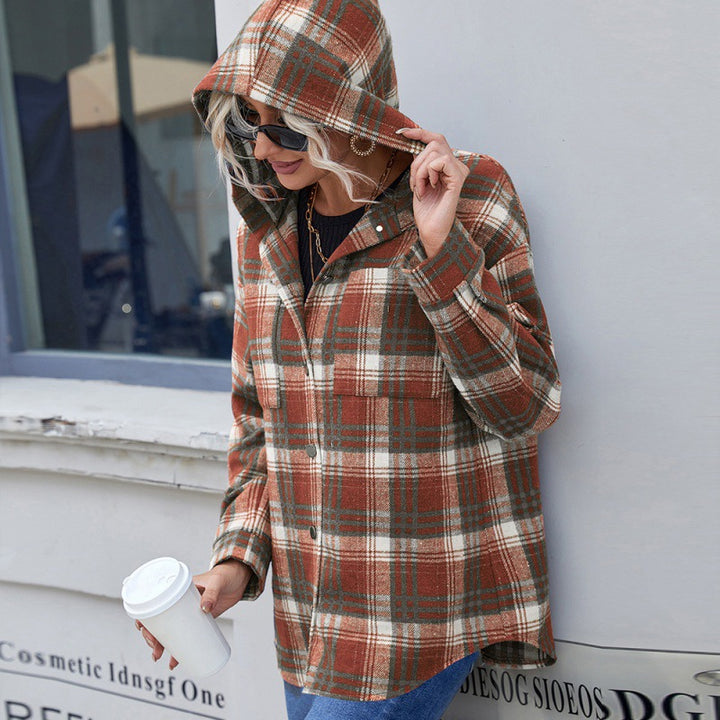 Plaid Hooded Jacket for Women – Lightweight Relaxed Fit Layer