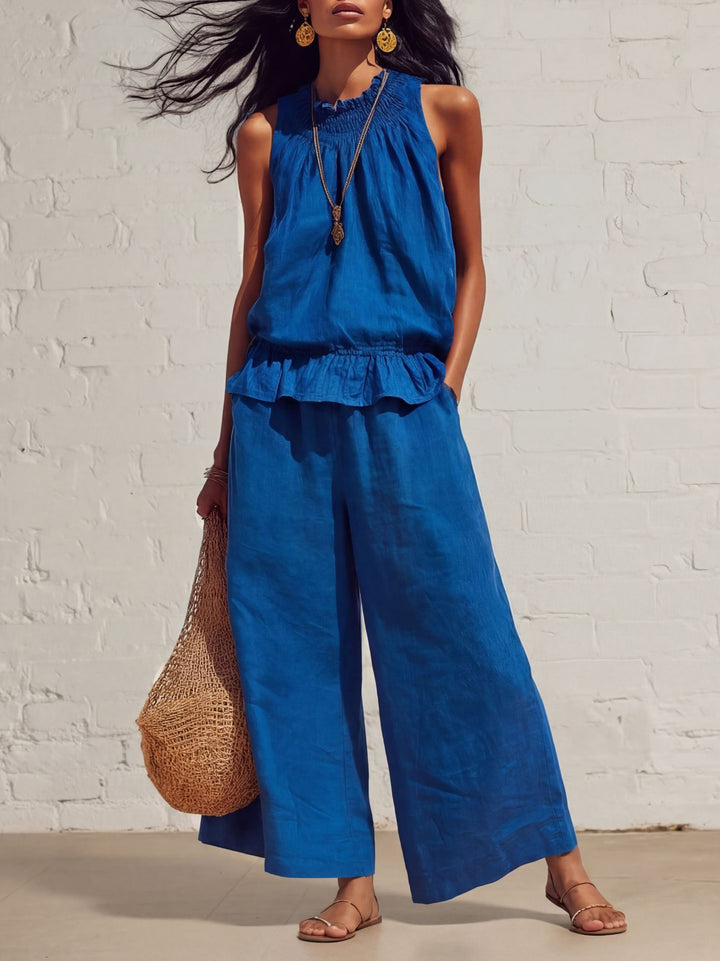 Women's Two Piece Set Sleeveless Ruffled Vest and Straight-Leg Pants