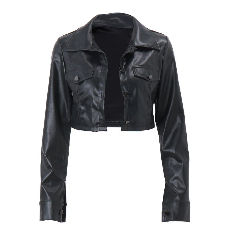 Women's Vegan Leather Cropped Jacket – Lapel Breasted Navel Cut