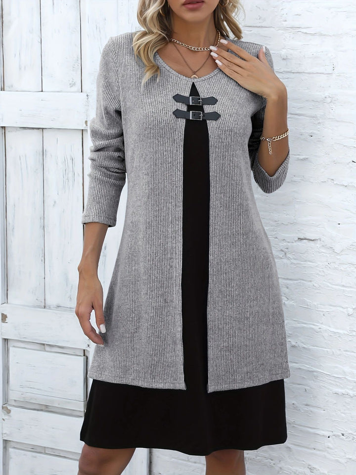 Women's Sweater Mini Dress – Contrast Layered Buckle Detail