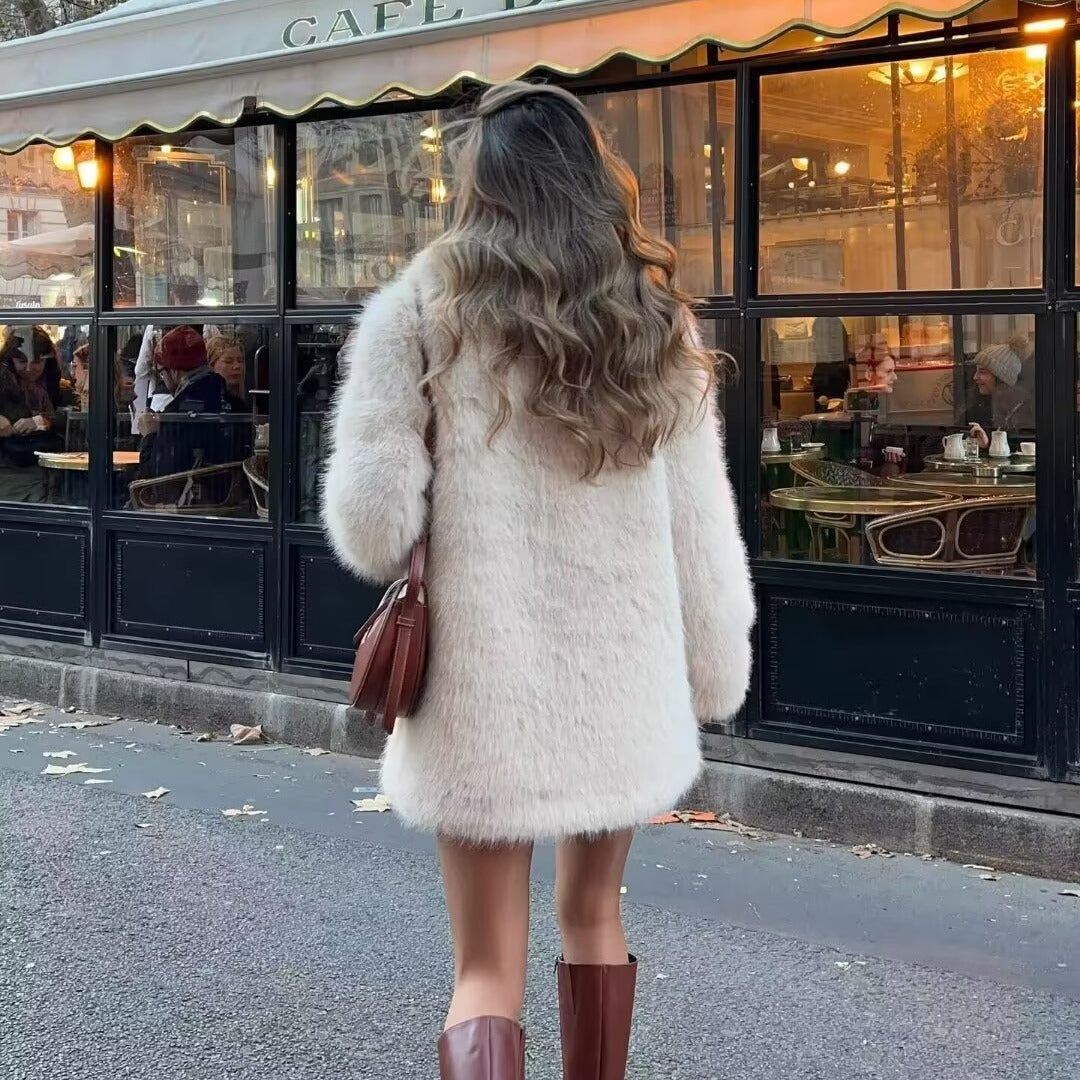Women's Plush Mid-Length Overcoat – Relaxed Fit, Cozy Pockets