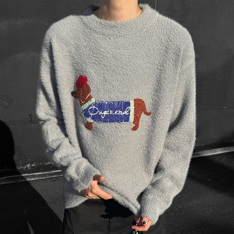 Men's Knit Sweater with Dachshund Embroidery – Pullover Raglan Sleeve
