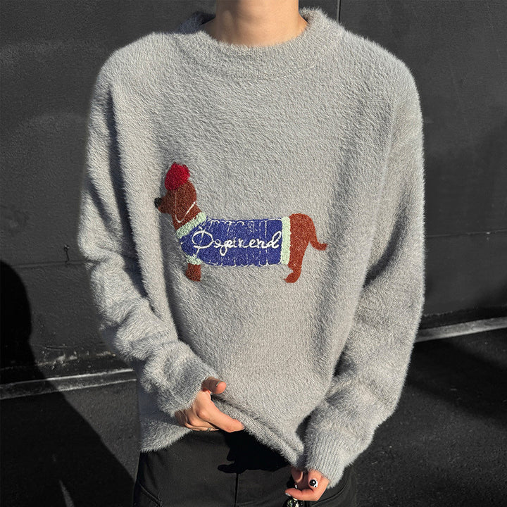 Men's Knit Sweater with Dachshund Embroidery – Pullover Raglan Sleeve