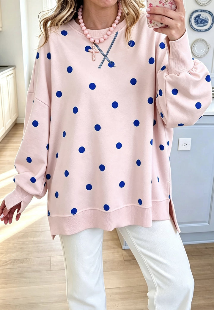 Women's Polka Dot Pullover Sweatshirt – Relaxed Fit, Ribbon Tie Detail
