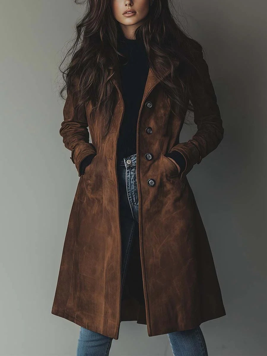 Women's Long Trench Coat – Soft Brushed Cotton, Tailored with Pockets
