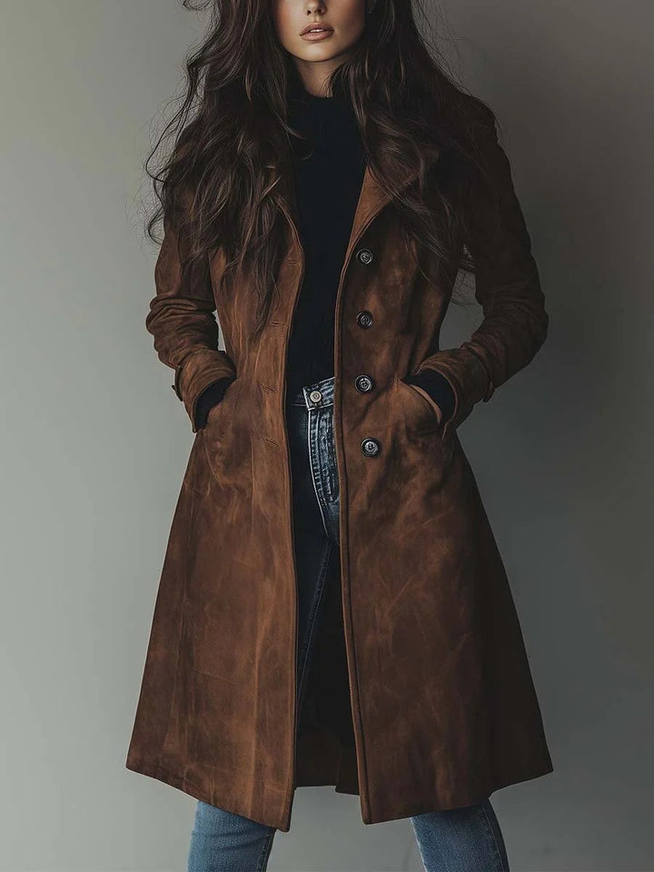 Women's Long Trench Coat – Soft Brushed Cotton, Tailored with Pockets