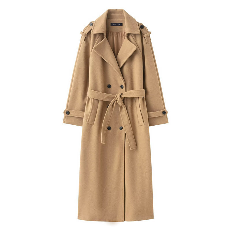 Women's Double-Breasted Long Coat – Belted, Notch Lapel Silhouette