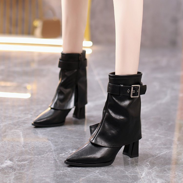 Women's Chunky Heel Mid-Calf Boot – Vegan Leather Pointed Toe Boot