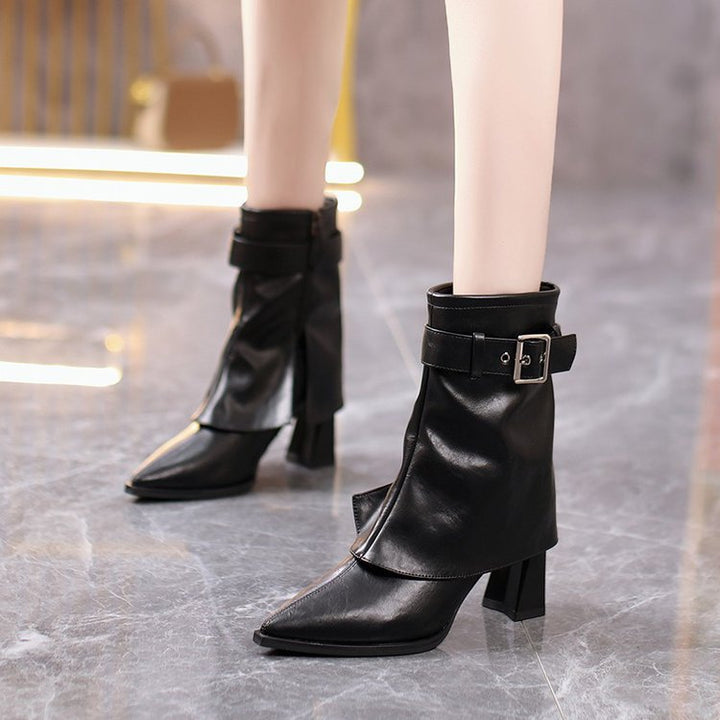 Women's Chunky Heel Mid-Calf Boot – Vegan Leather Pointed Toe Boot