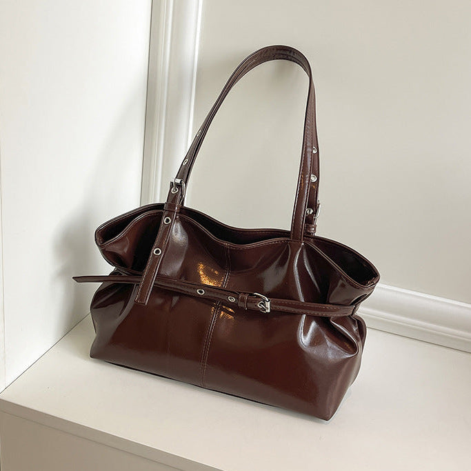 Women's Structured Leather Handbag with Buckle and Double Straps