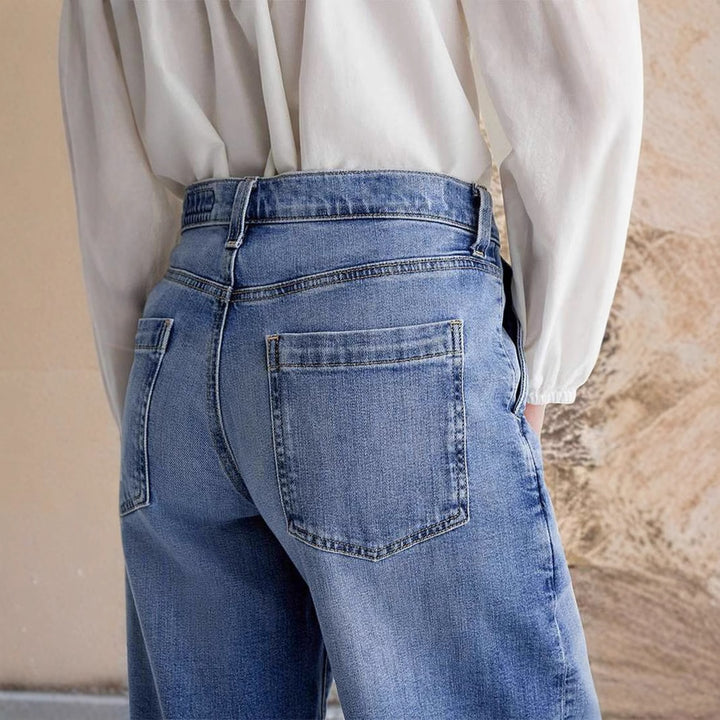 Women's Denim Straight-Leg Trouser – High Waist Embroidered Detail
