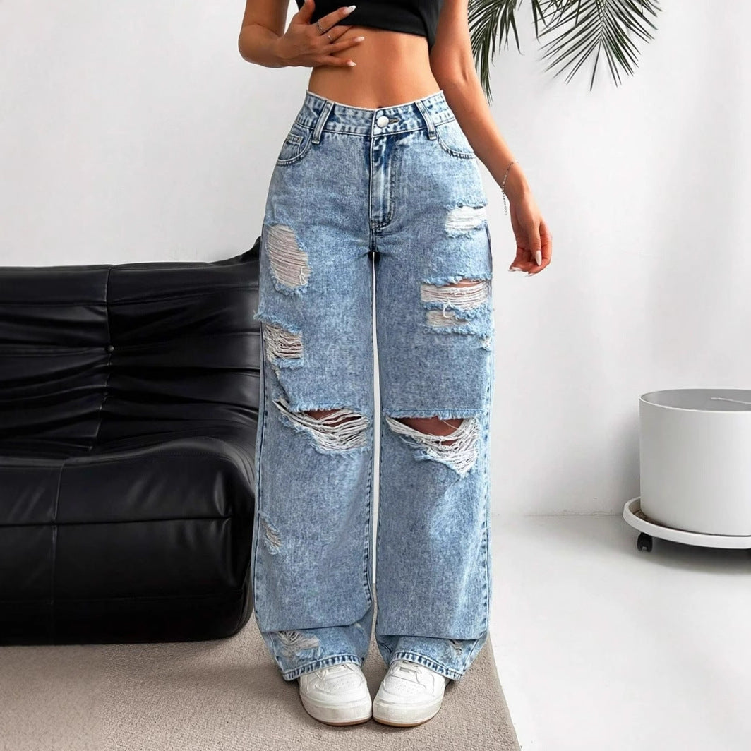 Women's High Waist Straight Leg Jeans – Distressed Wide Leg Fit