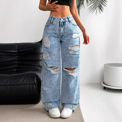 Women's High Waist Straight Leg Jeans – Distressed Wide Leg Fit