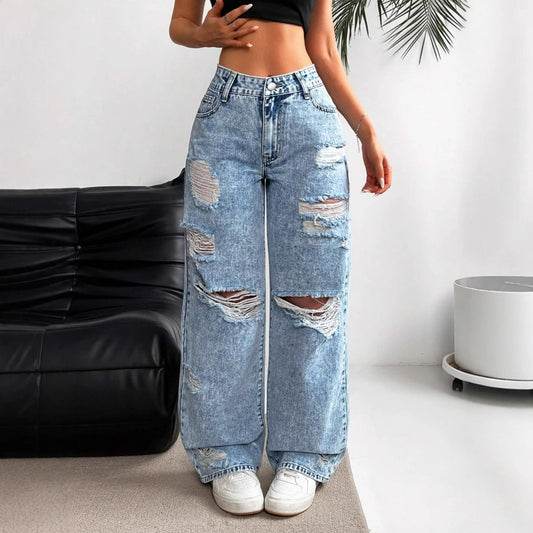 Women's High Waist Straight Leg Jeans – Distressed Wide Leg Fit
