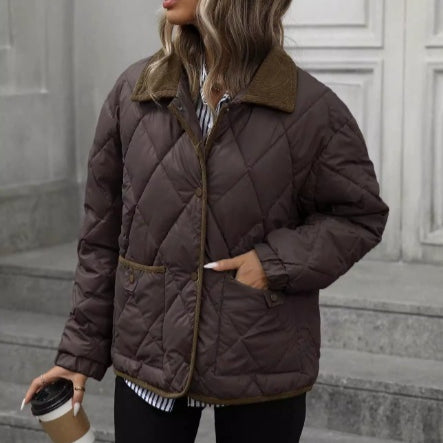 Women’s Cotton Coat – Warm Vintage Lapel Outerwear, Patchwork Design