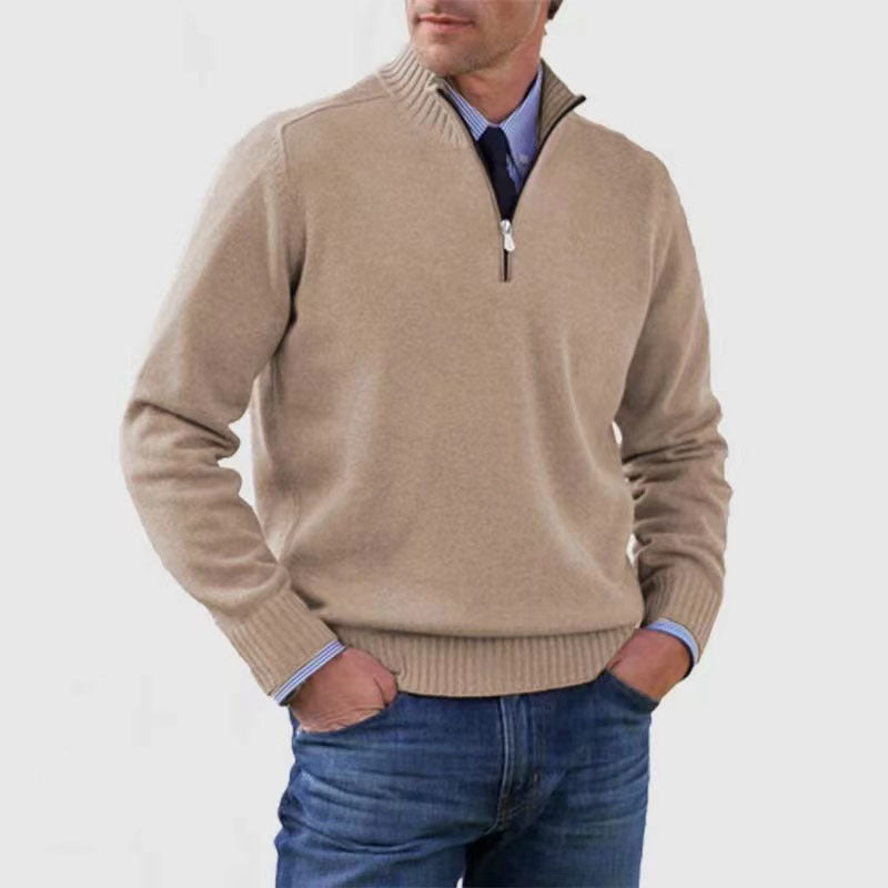 Men's Stand Collar Knitted Sweater – Zipper Detail Long Sleeve Design