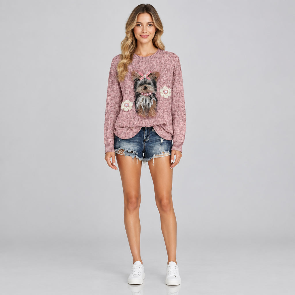 Women's 3D Sweater – Textured Ribbed Knit, Loose Fit Pullover
