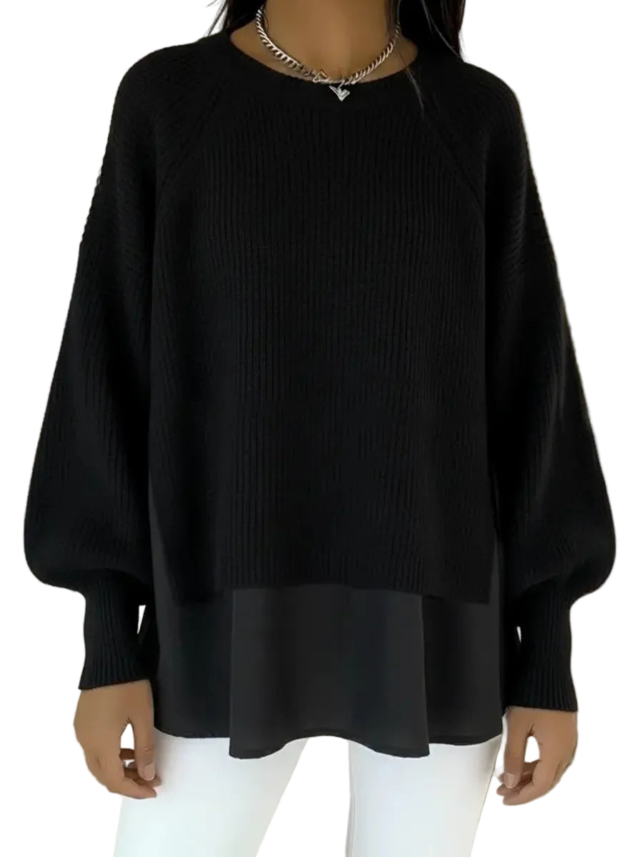 Women's Knit Sweater With Chiffon Hem – Relaxed Lantern Sleeve Design