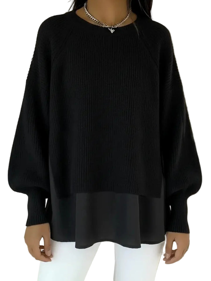 Women's Knit Sweater With Chiffon Hem – Relaxed Lantern Sleeve Design
