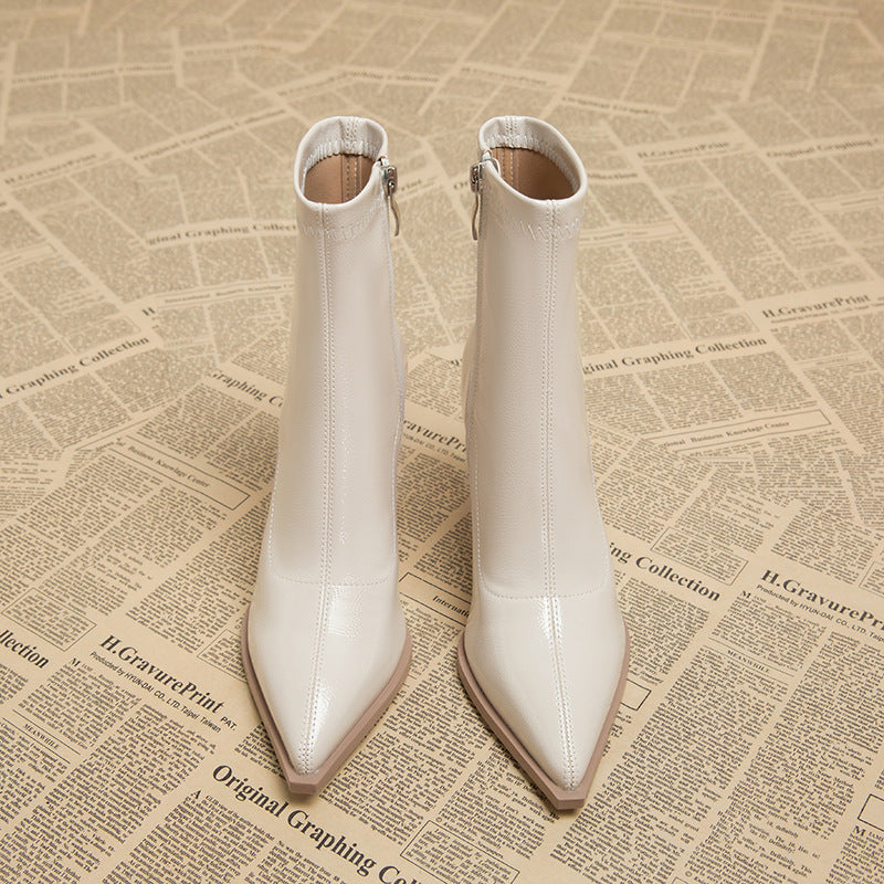 Women's Ankle Boot – Skinny Fit, Pointed Toe, Block Heel Leather
